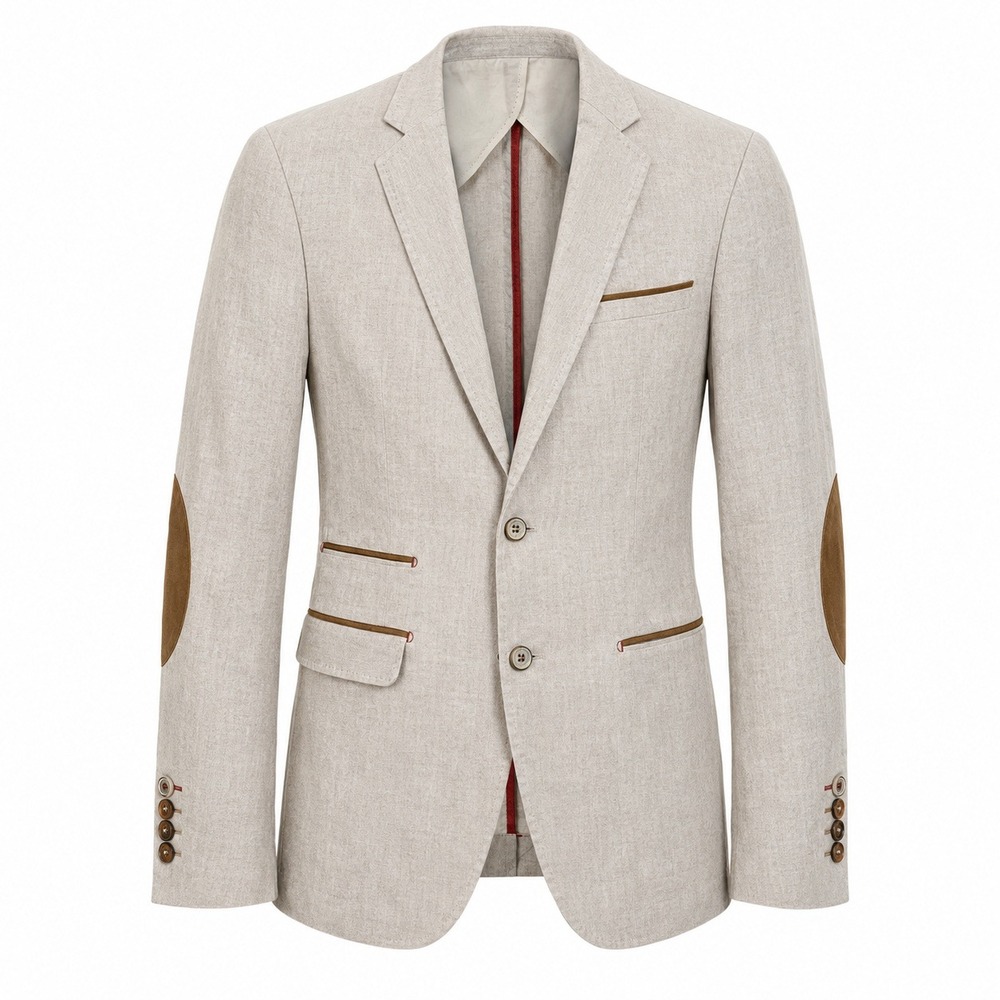 Zara Man Blazer 36 Beige Elbow Patches Denim Couture Academia Preppy Linen Blend